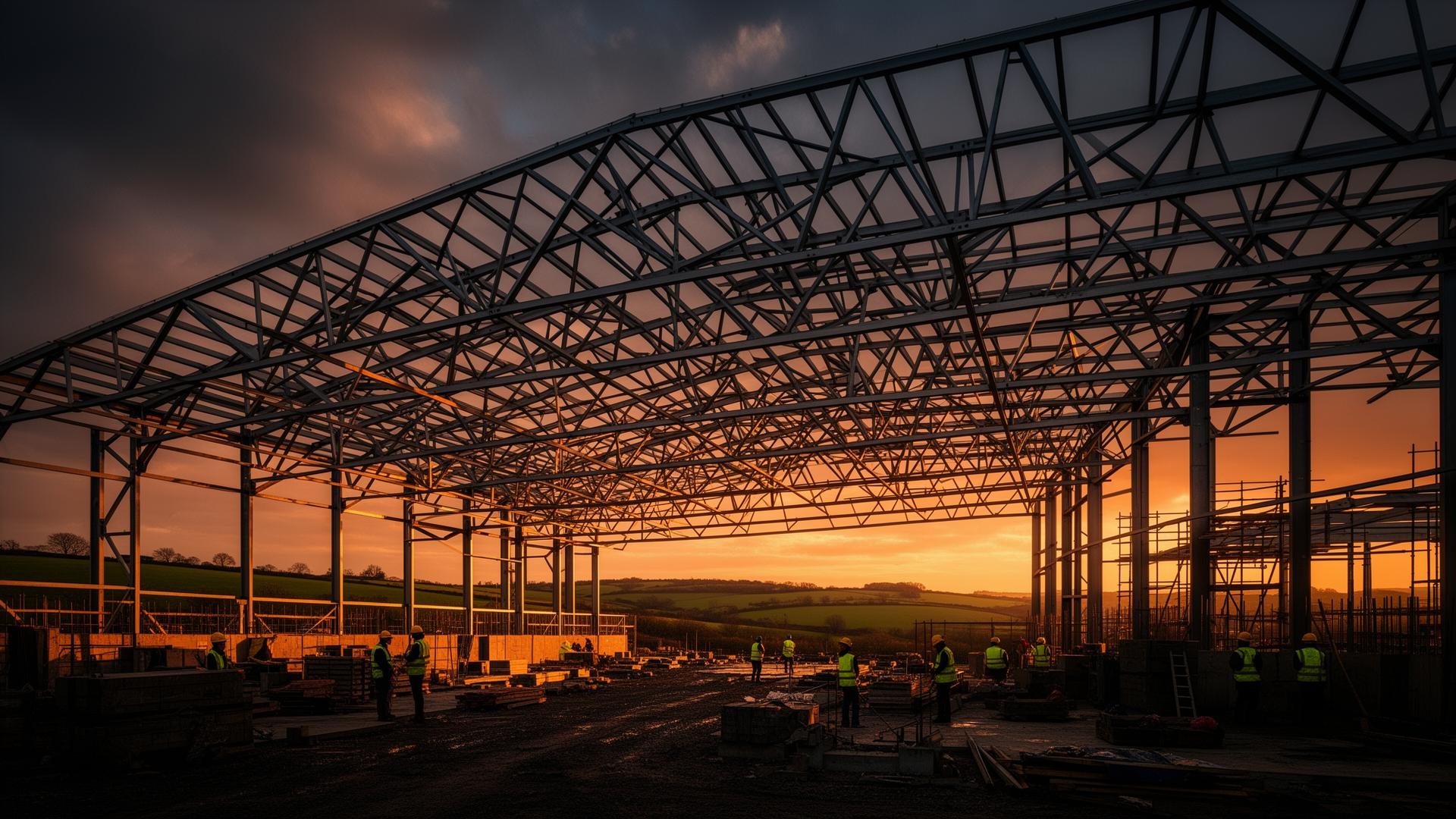 Steel-frame industrial building under construction at golden hour